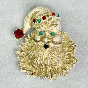 Vintage Christmas Brooch Enamel Gold Brushed Rhinestone Santa Pin READ